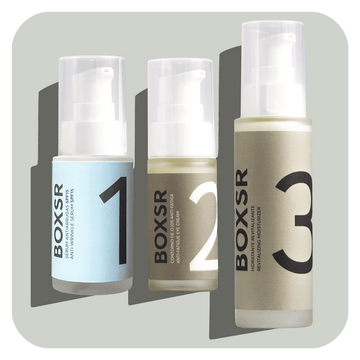 Box Antiarrugas - BOXSR - rutinas de cosmética masculina natural premium, cuidado personal para hombres, kit cuidado facial antiarrugas, antiojeras y crema cara hombre con vitamina C y acido hialuronico