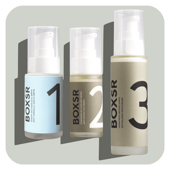 Box Antiarrugas - BOXSR - rutinas de cosmética masculina natural premium, cuidado personal para hombres, kit cuidado facial antiarrugas, antiojeras y crema cara hombre con vitamina C y acido hialuronico